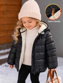 SHEIN Baby Girl Thick Lined Zipper Hooded Jacket Suitable For Snow Play Winter Essential - Black - View 4