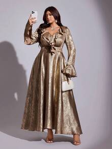 Viva Relle Gaun Elegan Panjang Sedang dengan Detail Ruffle Berkilau Warna Emas Champagne, Leher V, Lengan Mengembang, dan Pinggang Terikat, Cocok untuk Musim Gugur. - Emas - View 6