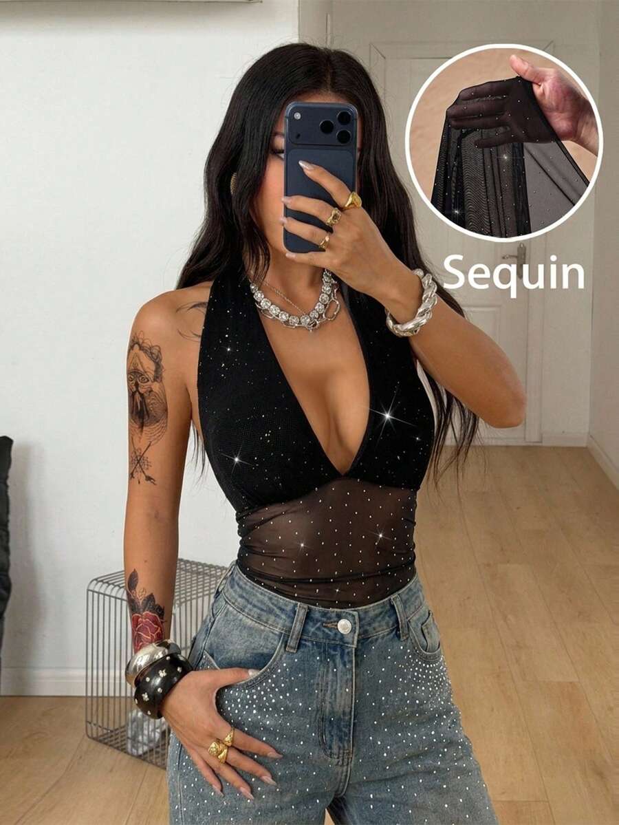 Coolane 女士夏季音乐会性感Y2K派对针织亮片透视黑色修身露背连体裤 - 黑色 - 查看 1