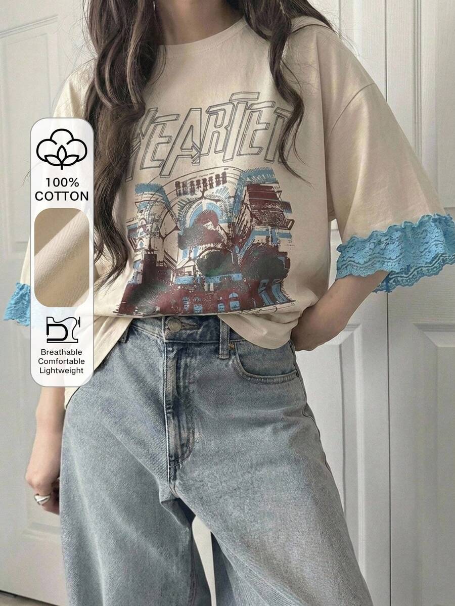 FRIFUL Women's Casual Loose Fit Letter Print Lace Patchwork Short Sleeve T-Shirt, Breathable Cotton Blend, Versatile For Spring/Summer Graphic Tees - Apricot - View 1