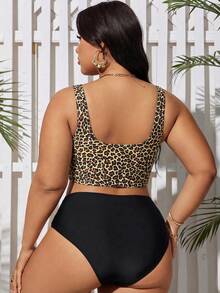 SHEIN Swim Curve ملابس سباحة تانكيني مطبوعة بنمر للنساء ذوات الحجم الكبير للصيف والعطلات الشاطئية - متعدد الألوان - مشاهدة 2