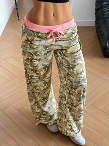 StreetHx Sweet & Cool Hot Girl Low Waist Contrast Color Tie Waist Camo Waffle Knit Long Pants - Army Green - View 6