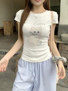 DAZY 女款黃色修身動物印花羅紋休閒百搭T恤 夏季圖案短袖上衣 - 杏色 - 查看 3