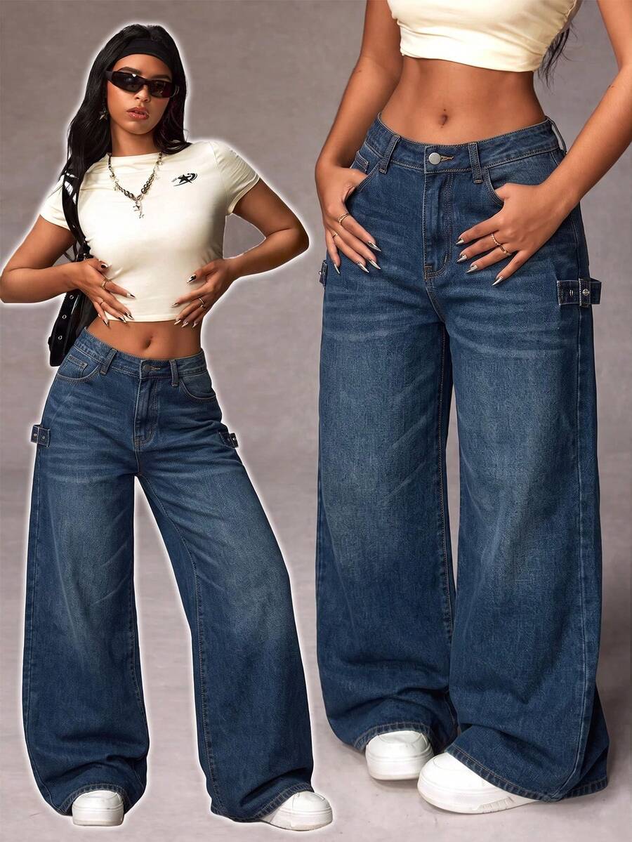 Rivivi Plus Size Women's Pocket Wide Leg Loose Casual Denim Jeans - Blue - View 1
