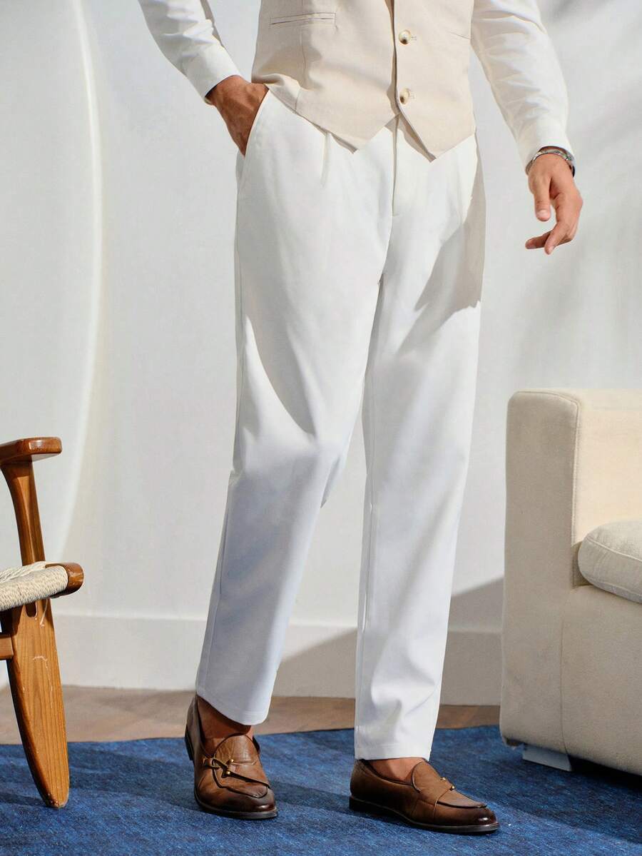 VeloEdit Men Solid Suit Pants Formal, CeremonyFall Winter Business Commute Old Money - White - View 1