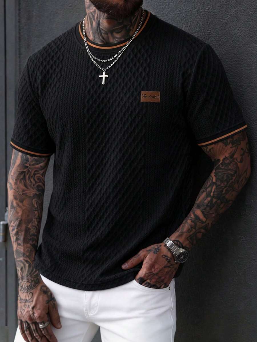 EGENSIO Men's Knitted Jacquard Solid Color Textured Collar & Cuffs Ribbed Chest Patch T-Shirt - Black - View 1