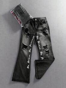 Manfinity Roghcode Men's Casual Denim Jeans With Pocket, Distressed Letter Pattern, Style - Black - View 6