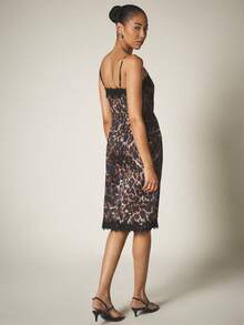 KSTM Leopard Print Satin Slip Midi Dress With Lace Trim Scallop Hem Drawstring Waist Spaghetti Straps Summer Party - Multicolor - View 3