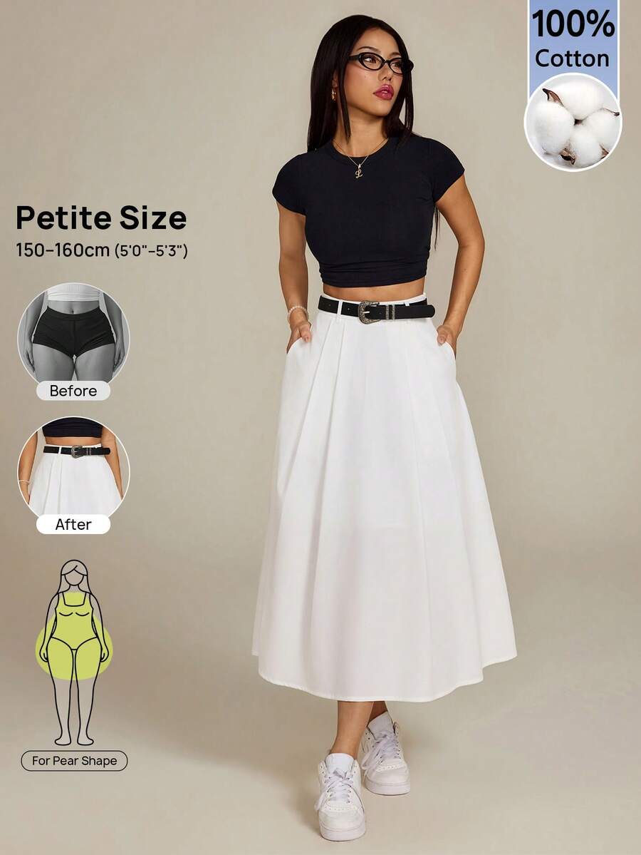 SHEIN PETITE Women's Versatile Solid Color Pleated Pocket Casual Skirt - White - View 1