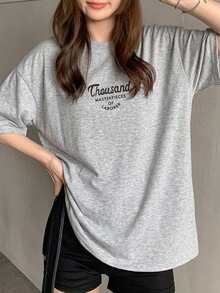 DAZY Women's Letter Print Loose Fit Round Neck Short Sleeve T-Shirt Graphic Tee Summer - Grey - View 4