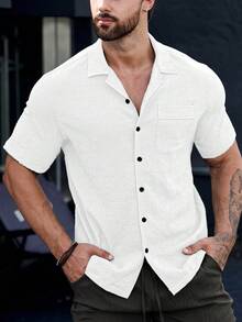 Manfinity CasualCool Men's Solid Color Single-Breasted Pocket Short Sleeve Shirt - White - View 6