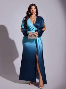 Viva Relle Plus Size Women's Blue-Black Gradient Satin Long Evening Gown, V-Neck, Slit, Cape Sleeve, Ruched Waist, Bodycon, Floor Length, Formal Party Wedding Guest Dress - Multicolor - View 4