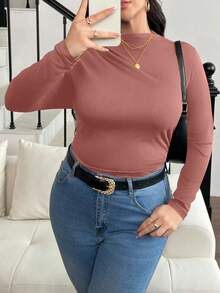 SHEIN Frenchy Plus Size Mock Neck Ruched Slim Fit Tee Fall - Dusty Pink - View 2