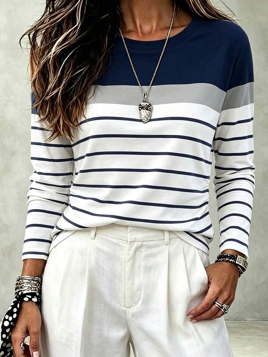 EMERY ROSE Women's Casual Striped Round Neck Long Sleeve T-Shirt, Versatile For Daily Wear, Summer - Multicolor - View 1