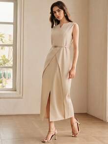 Anewsta Summer New Women's Elegant Simple Sleeveless Dress, Suitable For Daily Wear, Commuting, Gatherings, Dates, Wedding Guest - Apricot - View 3