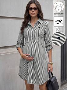 MaterniWear 孕婦條紋捲袖單排扣襯衫洋裝 秋季 - 黑與白 - 查看 1