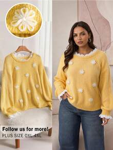 CosyJoli Plus Size Women's 3D Floral Raglan Long Sleeve Loose Casual Sweater Fall/Winter - Multicolor - View 1