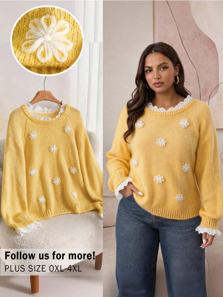 CosyJoli Plus Size Women's 3D Floral Raglan Long Sleeve Loose Casual Sweater Fall/Winter - Multicolor - View 1