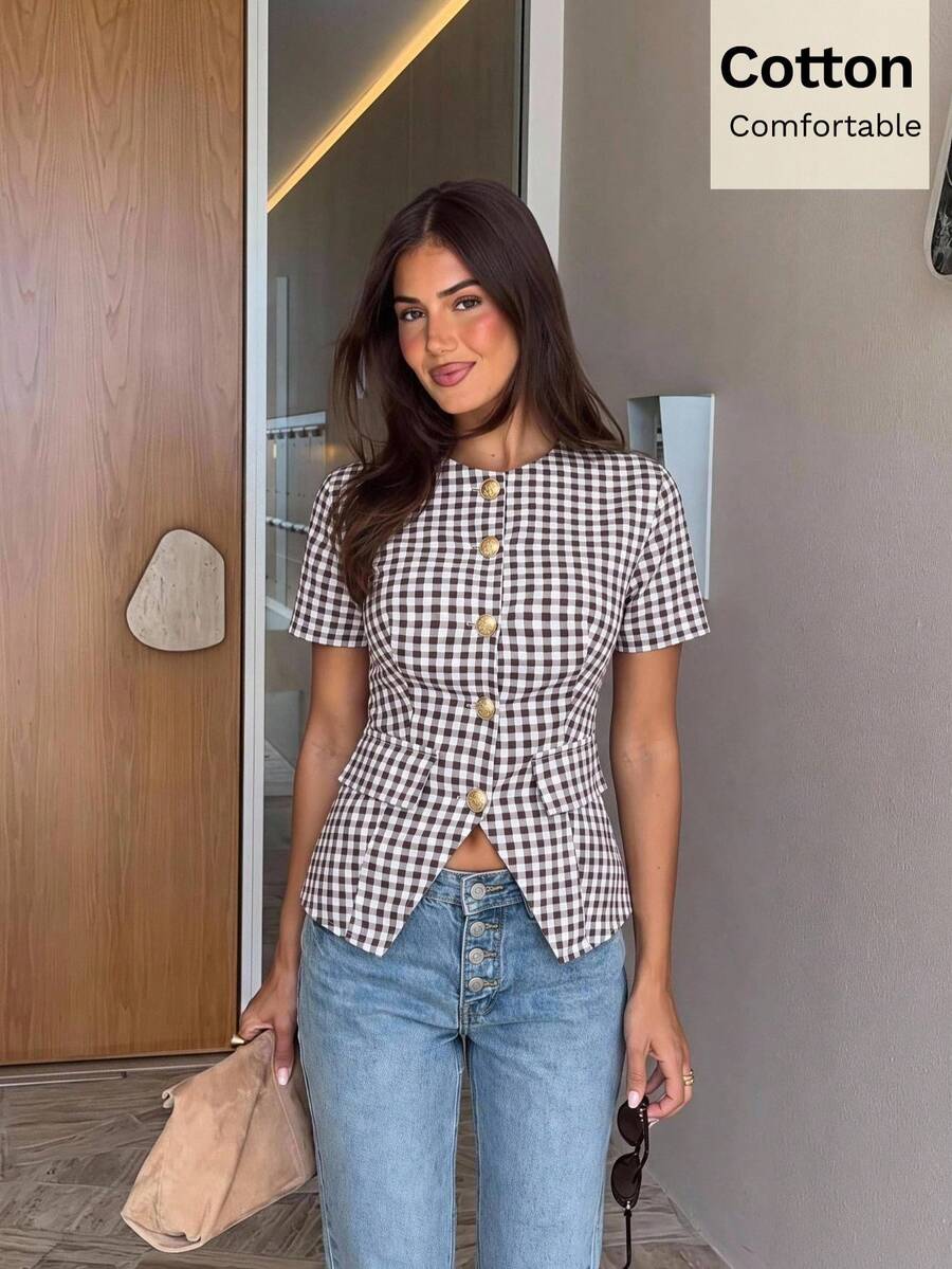 Siren Gaze Women's Pure Cotton Plaid Short-Sleeve Shirt Slim-Fit Waist-Defining Front-Slit Flattering Top Versatile Retro Elegant Style For Work Office Brunch