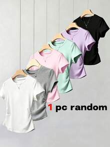 Tween Girls Simple Waist-Cinching Slim Fit Round Neck Short Sleeve T-Shirt, 1pc Random Short Sleeve T-Shirt, Suitable For Summer, Personalized T-Shirt, Comfortable For Sports And Family Outings - Multicolor - View 1