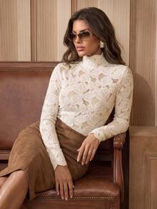 Anewsta Elegant, Fashionable, Sexy & Versatile Fitted Sheer Lace Long Sleeve Base Layer Top, Autumn/Winter - Apricot - View 4