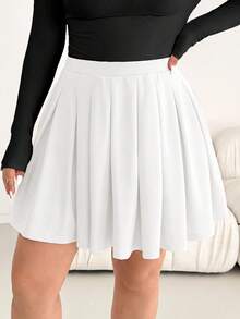 SHEIN Essnce Plus Size Women Solid Color Pleated Casual Versatile Daily Wear Skirt - White - View 5