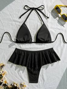 SHEIN Swim 两件套纯色极简性感吊带露脐上衣和荷叶边三角比基尼套装 - 黑色 - 查看 5