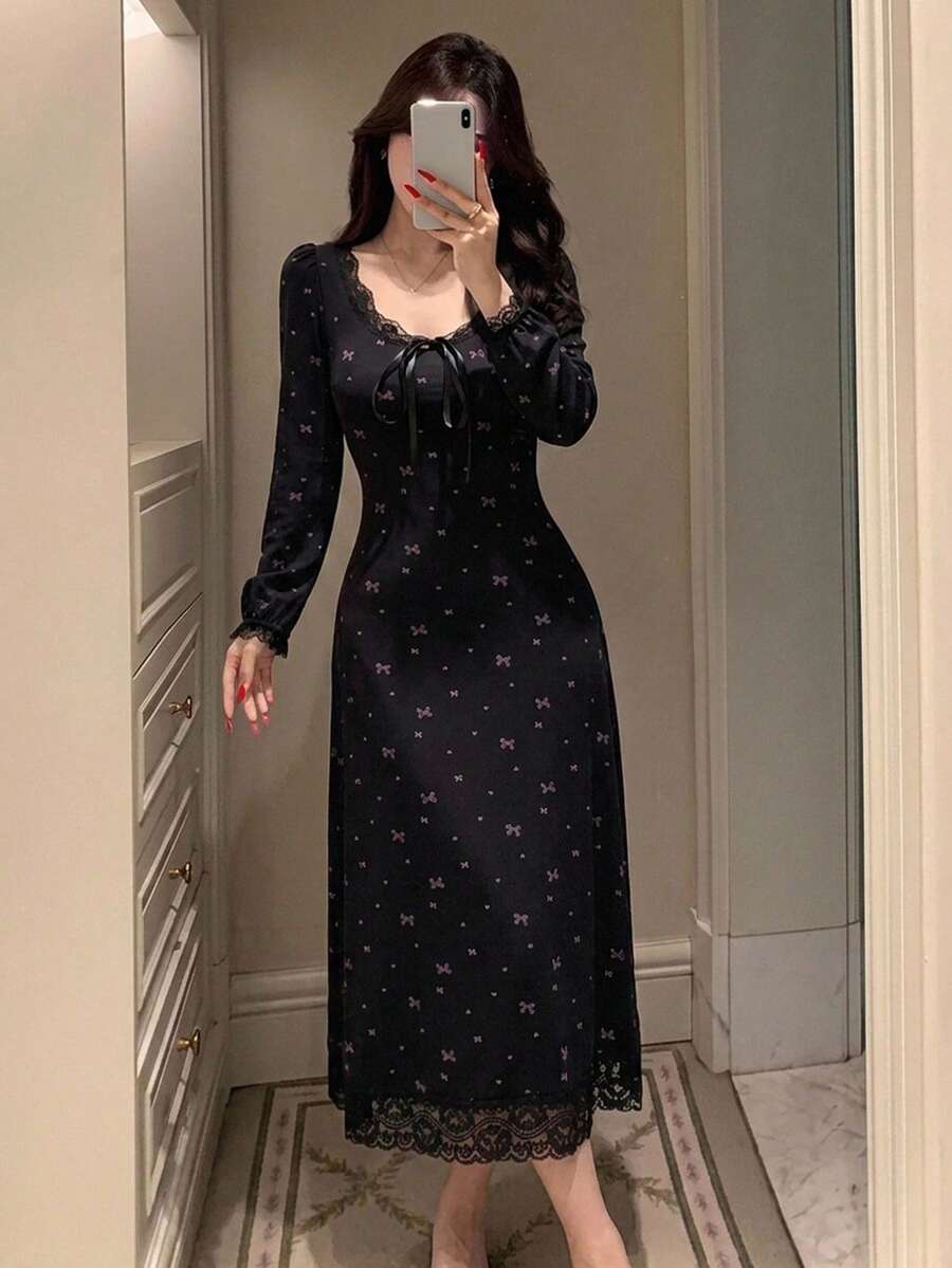 DAZY 甜美蝴蝶結圖案滿版印花蕾絲拼接花瓣袖短袖收腰長洋裝夏季女款睡裙 - 黑色 - 查看 1