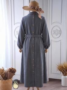 Rusticease 大尺碼秋季休閒純色前排扣連身裙 - 灰色 - 查看 5