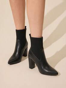 CUCCOO BASICS Pointed Thick Heel Stylish Elegant Commuting Simple Daily All-Match Versatile Knitted Women's Boots Medium Boots Women's Ankle Boots Fall Shoes - Black 2 - View 2