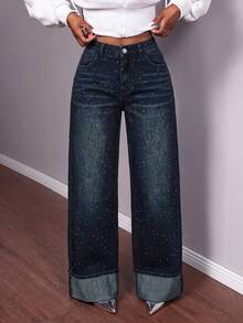 Slaydiva Women's Black Rhinestone Wide Leg Denim Jeans, High Waist Sparkle Embellished Loose Fit Party Pants With Pockets, Y2K Concert Going Out Jeans - Dark Wash - View 5
