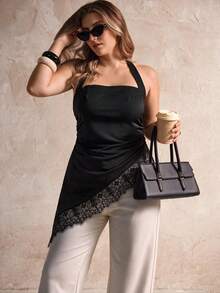 Elegantrix Blus Wanita Ukuran Plus Model Halter Neck dengan Pinggang Ramping dan Patchwork Renda serta Hem Asimetris yang Elegan untuk Perjalanan Sehari-hari - Hitam - View 6