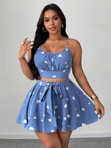 SHEIN Unity Plus Size Women's Heart Print Camisole & Self-Tie Waist Swing Midi Skirt 2 Pieces Set, Elegant Design For Beach, Party, Festival, Spring/Summer - Blue and White - View 5