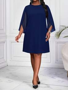 SHEIN Lady 大尺碼女款純色圓領 3/4 分衩袖優雅 Eleganza 傳統禮服，適合婚禮、雞尾酒會、晚宴正式場合，海軍藍，秋季 - 藏蓝色 - 查看 6