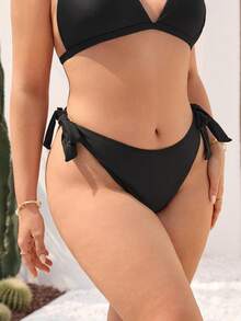 Swim Basics 大码纯色泳裤，简约风格，适合女士日常、度假、沙滩装和夏季 - 黑色 - 查看 2