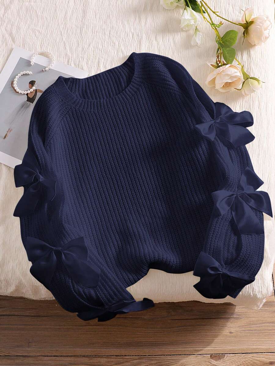 CosyJoli Plus Size Loose Knit Sweater With Hollow Bowknot Decor, Cute Fairy Style, Slightly Sheer,Apricot Color, Fall Autumn Winter - Navy Blue - View 1