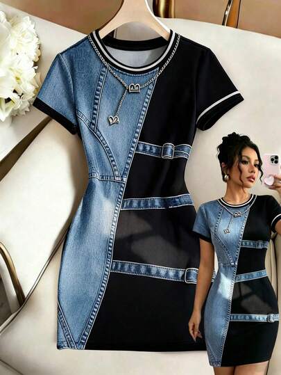 GlowEve Women's Casual Mid-Length Digital Print Denim Effect Round Neck Short Sleeve Dress Suitable For Work And Commuting