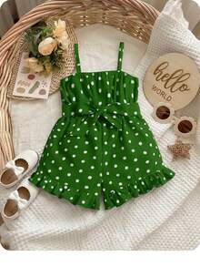 SHEIN Baby Girl Polka Dot Print Ruffle Hem Belted Cami Romper - Green - View 6