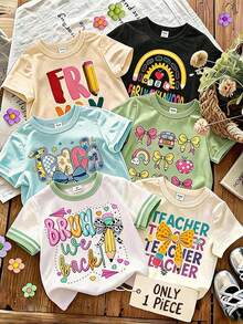 Young Girl Cute Black White Round Neck Short Sleeve T-Shirt Back-To-School Teachers' Day - Pink - View 4