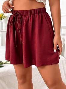 Ceyna Plus Size Women Solid Color Waist Tie Wide Leg Loose Shorts - Burgundy - View 3