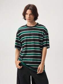 Vaulklash Men Casual Striped Print Drop Shoulder Tee, Vacation, Father's Day Gifts - Dark Green - View 6