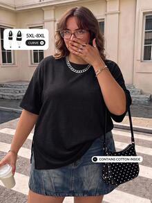 SHEIN CURVE+ 大尺碼女款黑色夏季休閒日常時尚寬鬆舒適基礎款下擺開衩短袖T恤上衣，機場穿搭 - 黑色 - 查看 7