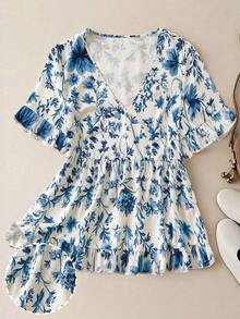 Linhara Plus Size Allover Printed Summer Slimming Ruffle Trim Blouse , Holiday Summer Vacation Top - Blue and White - View 5