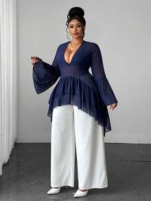Maweii Plus Size Women's Solid Color Pleated Casual Versatile Daily Wear Shirt Fall - Navy Blue - View 5