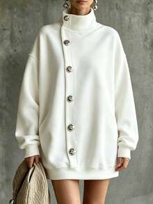 SHEIN Pure White Solid Color Knit Fabric Stand Collar Diagonal Single-Breasted Round Metal Button Placket Dropped Shoulder Loose Lantern Long Sleeve Ribbed Hem Mid-Length Casual Open-Front Sweatshirt - White - View 5