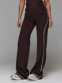 Musera Sport Foldover Waist High Rise Contrast Stitch Fitted Flare Active Yoga Pant  Fall Autumn Winter Gym Workout Cute - Chocolate Brown - View 2