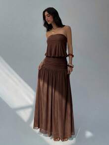 Aloruh Women's Spring/Summer Vacation Date Romantic Sexy Solid Brown Strapless Ruched Waist A-Line Dress - Coffee - View 6