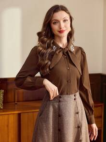 Vintamour Vintage Elegant Women's Blouse With Ditsy Floral, Embroidery, Bow Tie, Turn-Down Collar, Buttons, Casual Commute Holiday Festival Top - Brown - View 9
