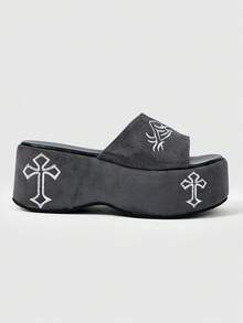 ROMWE Women's Slope Heel Platform Sandals Dark Rock Punk Goth Shoes Open-Toed Roman Beach Sandals Word With Embroidery Party Dress Shoes - - Grey embroidered slippers - View 3