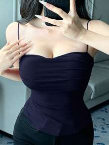 DAZY Fitted Camisole Top With Built-In Padded Bust And Ruched Design - Navy Blue - View 4